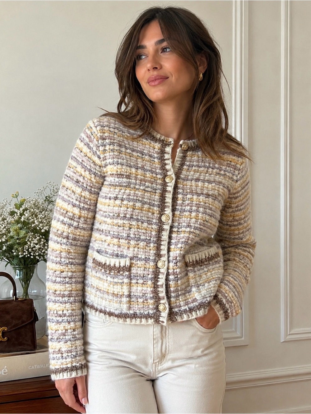 ba&sh Textured Wool Blend Stripe Cardigan Jacket XS Cream Brown Yellow
